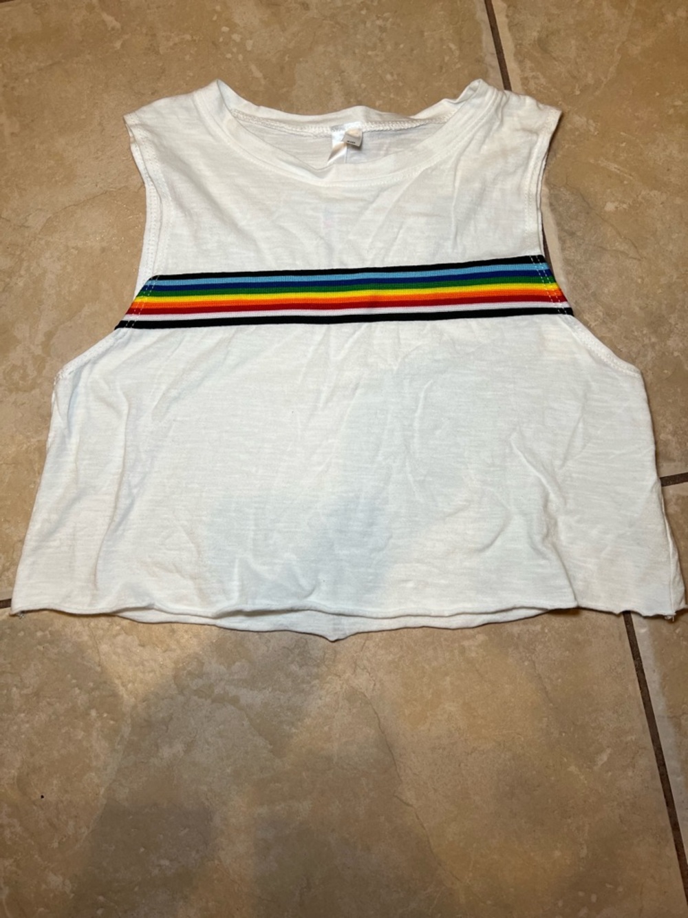 Malibu Sugar Girls White Cropped Tank Top with Rainbow Stripe